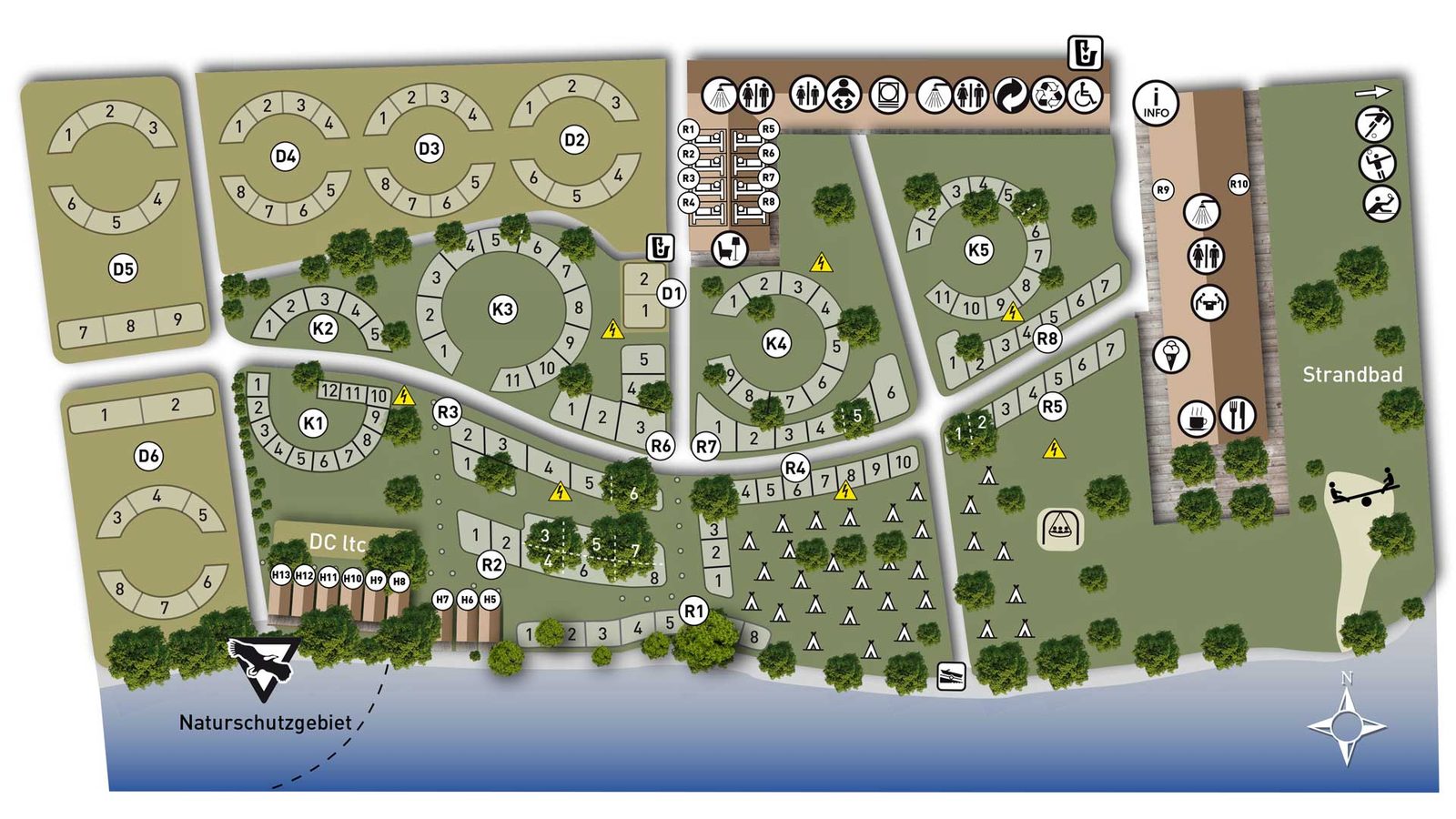 Plan du Campingplatz Allensbach avec emplacements, prairie des tentes, cabanes, sanitaires et baignade