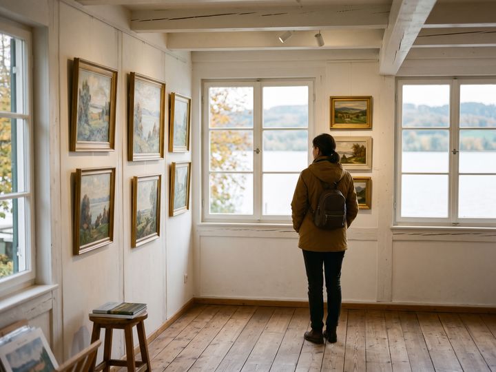 Image d’illustration : Galerie lumineuse avec des paysages peints et une visiteuse