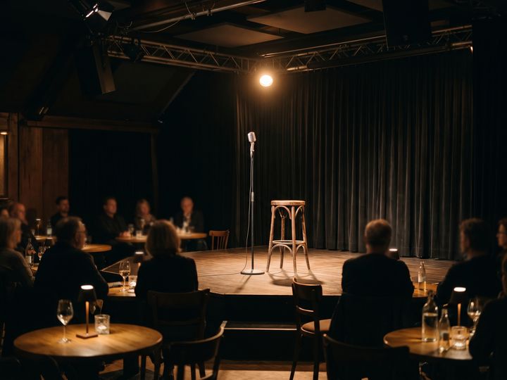 Image d’illustration : Micro et tabouret de bar sous le projecteur sur une scène de cabaret