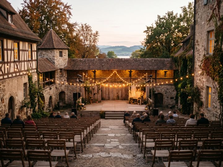 Image d’illustration : Scène en plein air dans une cour historique avec guirlandes lumineuses