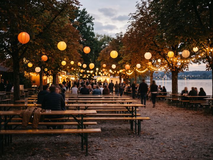 Image d’illustration : Fête de village avec bancs, lampions et guirlandes lumineuses le soir