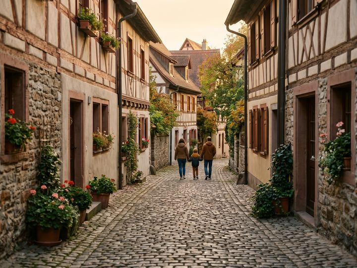 Image d’illustration : Ruelle pavée bordée de maisons à colombages dans une vieille ville au bord du lac de Constance