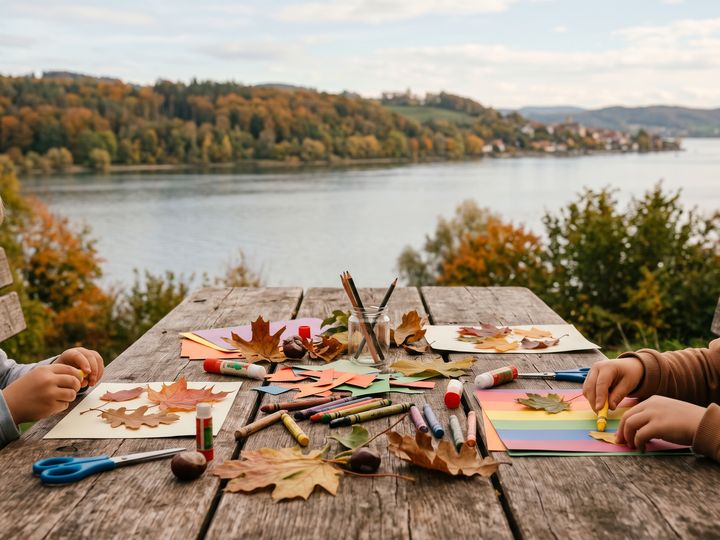 Image d’illustration : Table de bricolage avec papier, crayons et feuilles d’automne, mains d’enfants au bord