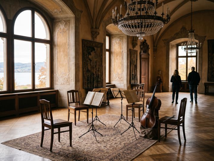 Image d’illustration : Pupitres, chaises et violoncelle dans une salle de château historique
