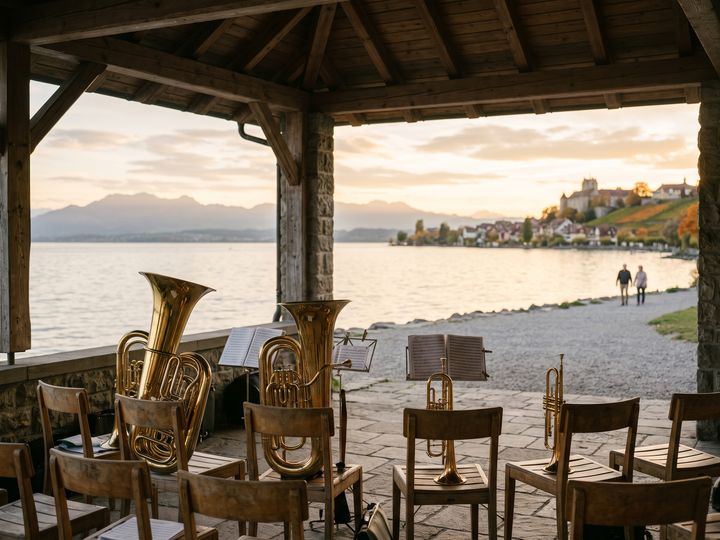 Image d’illustration : Cuivres posés sur des chaises dans un kiosque à musique au bord du lac