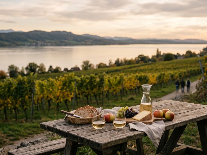 Image d’illustration : Table en bois avec vin, pain, fromage et pommes devant des vignes au bord du lac