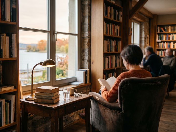 Image d’illustration : Fauteuil de lecture avec lampe et pile de livres dans une bibliothèque au bord du lac