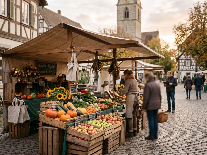 Image d’illustration : Marché hebdomadaire avec fruits, légumes et fleurs sur une place de village