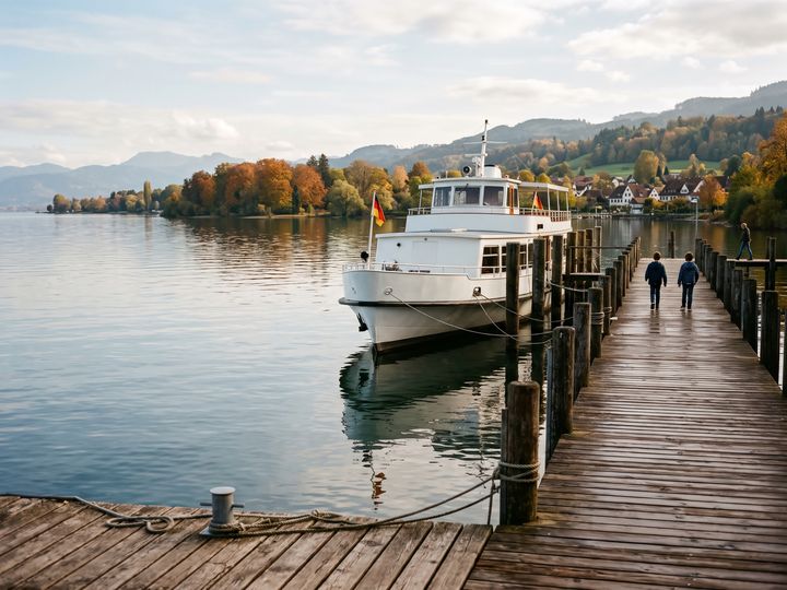 Image d’illustration : Bateau de passagers blanc à un embarcadère en bois sur le lac de Constance
