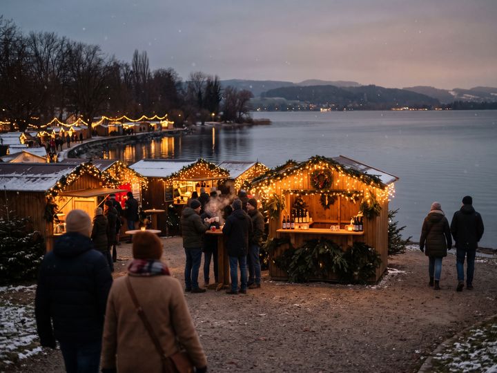 Image d’illustration : Marché de Noël avec des chalets en bois illuminés au bord du lac